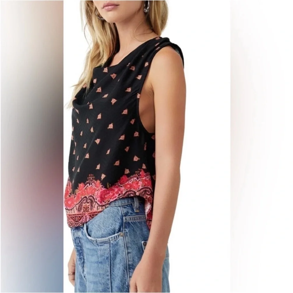 NWOT FREE PEOPLE Silas Printed Cowlneck Top / Black Combo